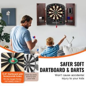 dartboard and cabinet set, ready to play bundle dartboard cabinet set, hideaway cabinet features electronic scoring, easy assembly, complete with all accessories, perfect for cricket games