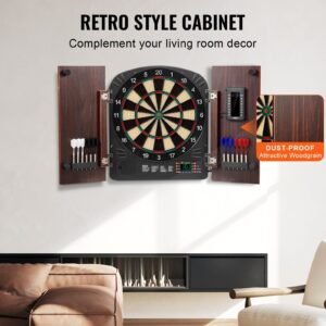 dartboard and cabinet set, ready to play bundle dartboard cabinet set, hideaway cabinet features electronic scoring, easy assembly, complete with all accessories, perfect for cricket games