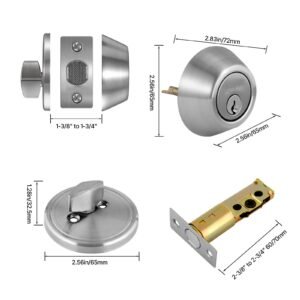 deadbolt lock, round single cylinder dead bolt, keyed 1 side, fits standard size interior and exterior doors, full metal, with 3 keys, for front entry door residential security, satin nickel