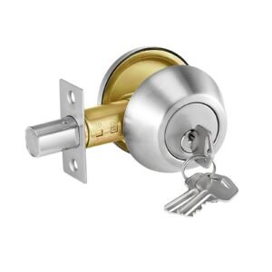 deadbolt lock, round single cylinder dead bolt, keyed 1 side, fits standard size interior and exterior doors, full metal, with 3 keys, for front entry door residential security, satin nickel