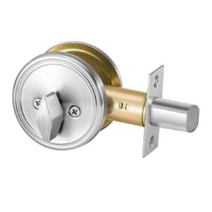deadbolt lock, round single cylinder dead bolt, keyed 1 side, fits standard size interior and exterior doors, full metal, with 3 keys, for front entry door residential security, satin nickel