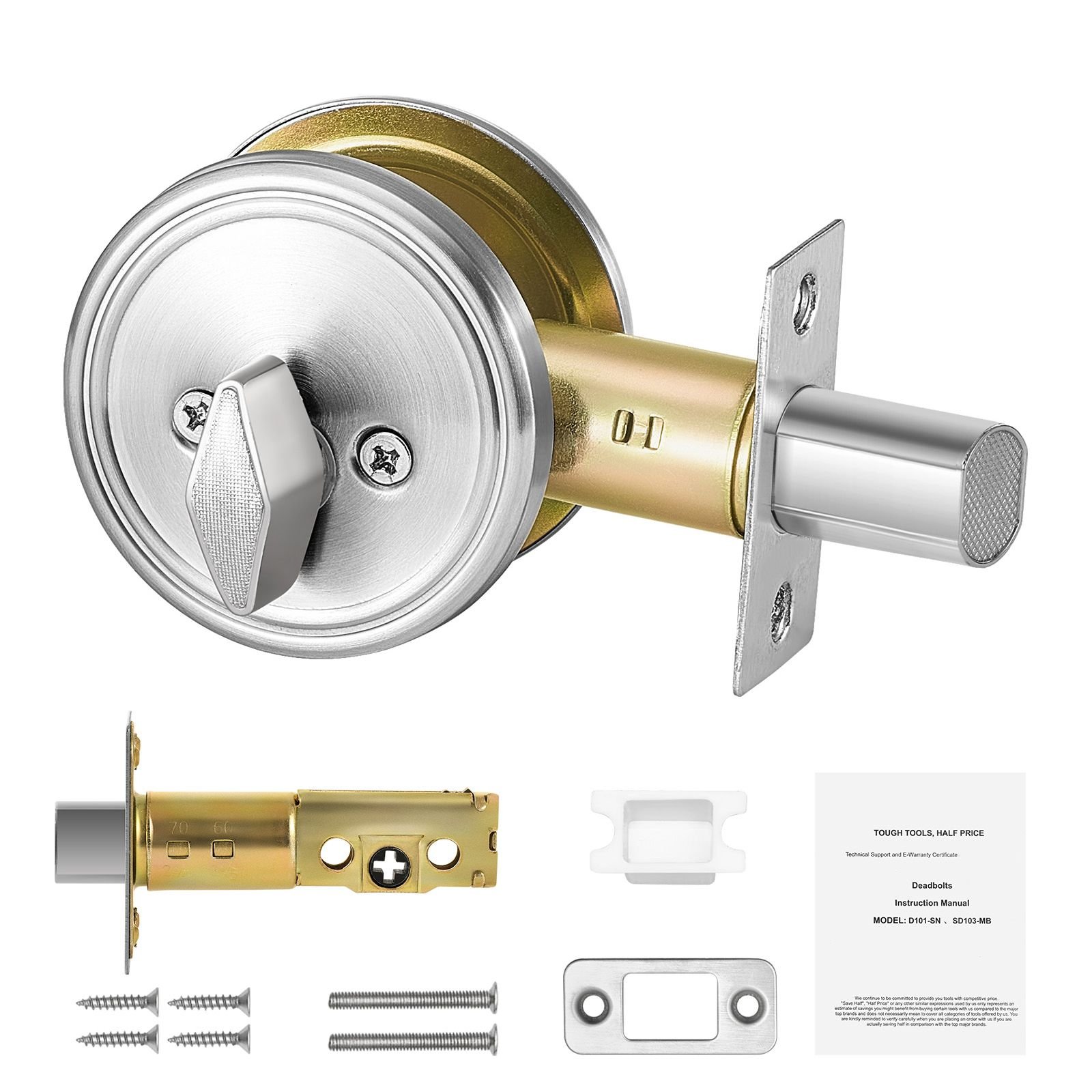 deadbolt lock, round single cylinder dead bolt, keyed 1 side, fits standard size interior and exterior doors, full metal, with 3 keys, for front entry door residential security, satin nickel