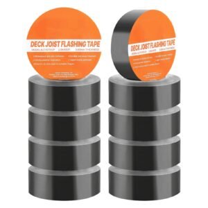 deck joist tape, 2 inch x 50 ft, 10 pack, weather resistant waterproof flashing butyl joist tape for decking, self adhesive, for wood decks, beams roofs, rvs, house, and pipes repair, black