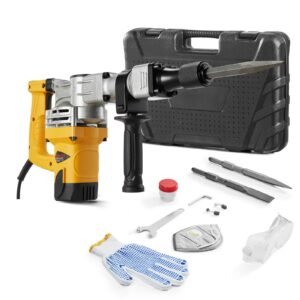demolition jack hammer, 1400w electric jackhammer heavy duty, 2900 bpm jack hammer concrete breaker, with 1 point chisel, 1 flat chisel, storage case, gloves and goggles, for demolition