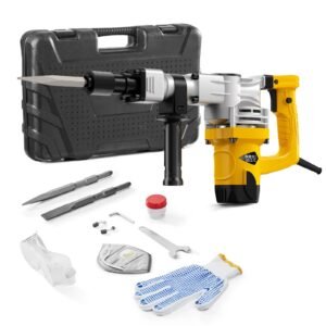 demolition jack hammer, 1400w electric jackhammer heavy duty, 2900 bpm jack hammer concrete breaker, with 1 point chisel, 1 flat chisel, storage case, gloves and goggles, for demolition