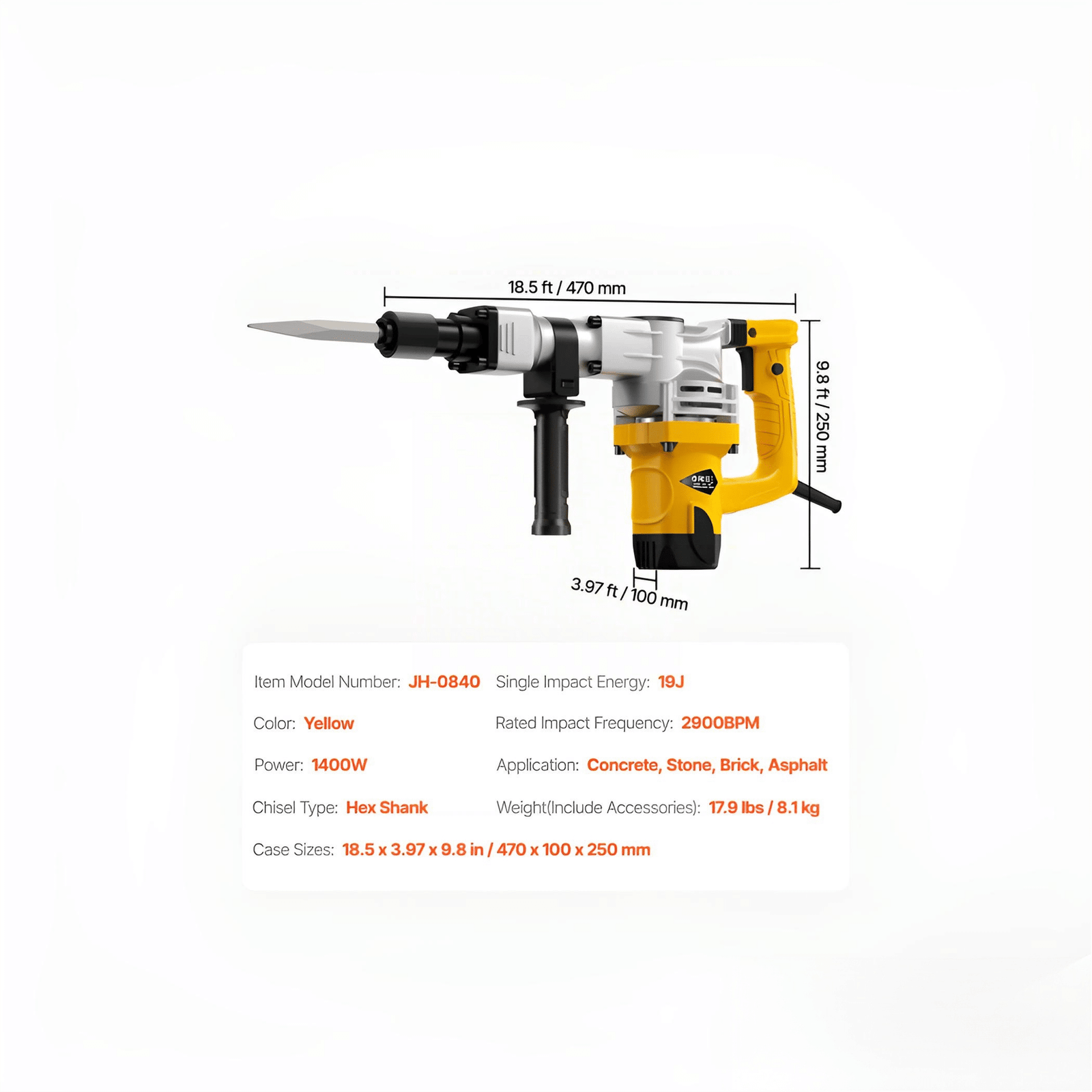 demolition jack hammer, 1400w electric jackhammer heavy duty, 2900 bpm jack hammer concrete breaker, with 1 point chisel, 1 flat chisel, storage case, gloves and goggles, for demolition