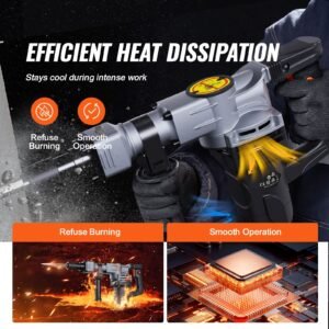 demolition jack hammer, 1400w electric jackhammer heavy duty, 2pcs chisels bits chipping with case, 2900 bpm concrete breaker, gloves black
