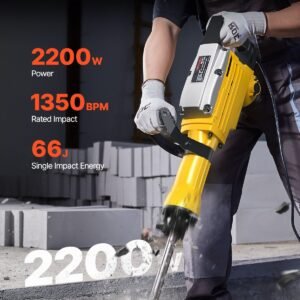 demolition jack hammer, 2200w 1350 bpm jack hammer concrete breaker, heavy duty electric jack hammer 4pcs chisels bit with gloves, 360° swiveling front handle for trenching and breaking holes