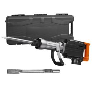 demolition jack hammer, 2200w electric jackhammer heavy duty, 1350 bpm concrete breaker, 2pcs chisels bit chipping with case, black