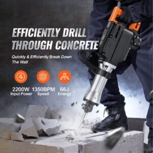 demolition jack hammer, 2200w electric jackhammer heavy duty, 1350 bpm concrete breaker, 2pcs chisels bit chipping with case, black