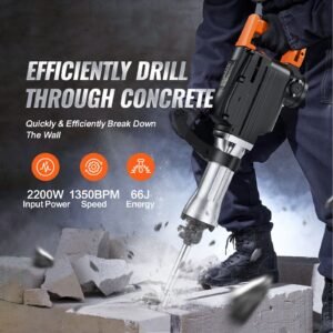 demolition jack hammer, 2200w jack hammer concrete breaker, 1350 bpm heavy duty electric jack hammer, 4pcs chisels bit with case, black