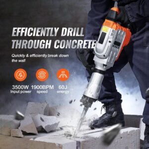 demolition jack hammer, 3500w jack hammer concrete breaker, 1900 bpm heavy duty electric jack hammer, 2pcs chisel with gloves & 360 celsius swiveling front handle