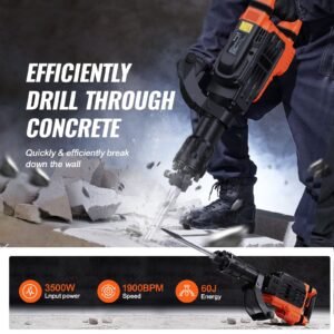 demolition jack hammer, 3500w jack hammer concrete breaker, 2pcs chisel with gloves & 360 celsius swiveling front handle for trenching, 1900 bpm heavy duty electric jack hammer, black