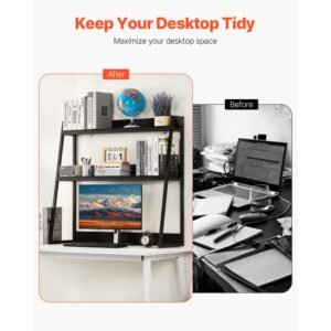 desktop bookshelf, 2 tier desktop storage organizer, 37.4" x 12.6" x 35.4" office desk storage rack display shelf, desktop bookshelf hutch with anti slip feet pads, for home & dorm, black
