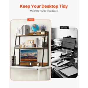 desktop bookshelf, 2 tier desktop storage organizer, 37.4" x 12.6" x 35.4" office storage rack wood color display shelf, desktop bookshelf hutch with anti slip feet pads, for office, home & dorm