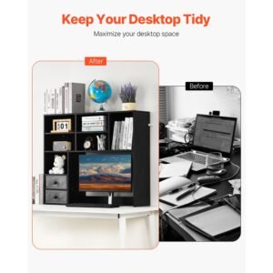 desktop bookshelf, 3 tier desktop storage organizer, 37" x 10" x 31.1" office storage rack wood display shelf, desktop bookshelf hutch with two fabric drawers, for office, home & dorm, black