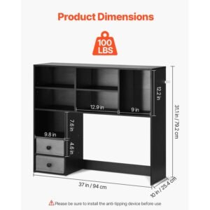 desktop bookshelf, 3 tier desktop storage organizer, 37" x 10" x 31.1" office storage rack wood display shelf, desktop bookshelf hutch with two fabric drawers, for office, home & dorm, black