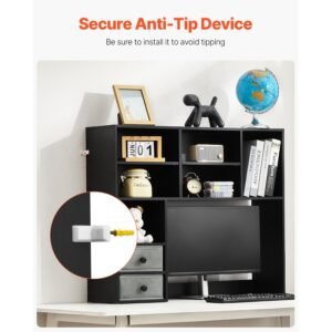 desktop bookshelf, 3 tier desktop storage organizer, 37" x 10" x 31.1" office storage rack wood display shelf, desktop bookshelf hutch with two fabric drawers, for office, home & dorm, black