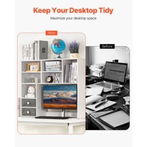desktop bookshelf, 3 tier desktop storage organizer, 37" x 10" x 31.1" office storage rack wood display shelf, desktop bookshelf hutch with two fabric drawers, for office, home & dorm, white
