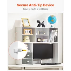 desktop bookshelf, 3 tier desktop storage organizer, 37" x 10" x 31.1" office storage rack wood display shelf, desktop bookshelf hutch with two fabric drawers, for office, home & dorm, white