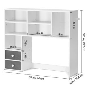 desktop bookshelf, 3 tier desktop storage organizer, 37" x 10" x 31.1" office storage rack wood display shelf, desktop bookshelf hutch with two fabric drawers, for office, home & dorm, white