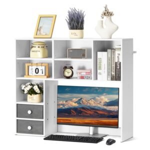 desktop bookshelf, 3 tier desktop storage organizer, 37" x 10" x 31.1" office storage rack wood display shelf, desktop bookshelf hutch with two fabric drawers, for office, home & dorm, white