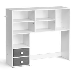 desktop bookshelf, 3 tier desktop storage organizer, 37" x 10" x 31.1" office storage rack wood display shelf, desktop bookshelf hutch with two fabric drawers, for office, home & dorm, white