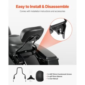 detachable motorcycle passenger backrest, compatible with harley davidson touring, street glide, road glide, road king, 16 inch height, black