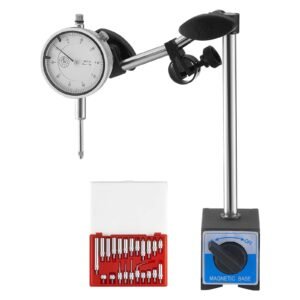 Dial Test Indicator with Dual Rod Stand and Storage Case, 0.001 inch Accuracy, 0-1 inch Range, Fine Adjustable Long Arm, Non-Magnetic Centering Rods for Machine Set-Up, Narrow Area Measurement
