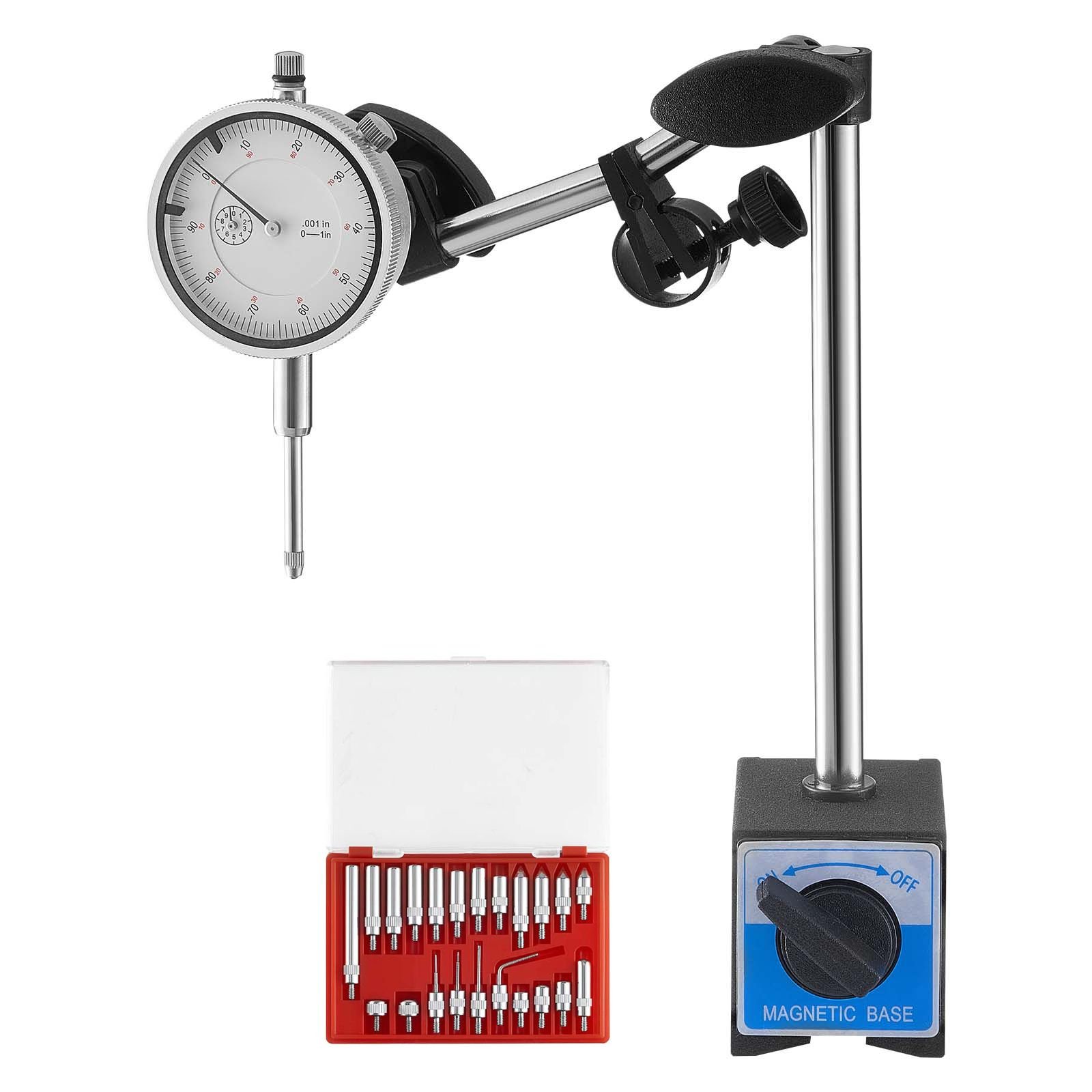 dial test indicator with dual rod stand and storage case, 0.001 inch accuracy, 0 1 inch range, fine adjustable long arm, non magnetic centering rods for machine set up, narrow area measurement