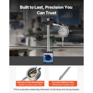 dial test indicator with dual rod stand and storage case, 0.001 inch accuracy, 0 1 inch range, fine adjustable long arm, non magnetic centering rods for machine set up, narrow area measurement