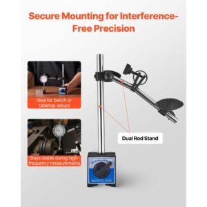 dial test indicator with dual rod stand and storage case, 0.001 inch accuracy, 0 1 inch range, fine adjustable long arm, non magnetic centering rods for machine set up, narrow area measurement