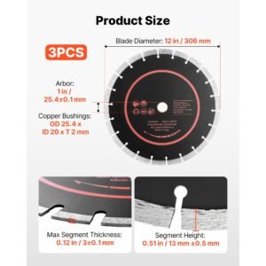 diamond blades 12 inch, 3 pack concrete saw blade set, 1 in arbor, high hardness diamond segments, 65mn steel core, dry wet cutting, clean edges for concrete, masonry, brick, stone, granite
