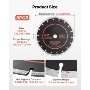 diamond blades 9 inch, 3 pack concrete saw blade set, 7/8 in arbor, high hardness diamond segments, 65mn steel core, dry wet cutting, clean edges for concrete, masonry, brick, stone, granite