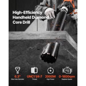 diamond core drilling machine, 0.8 6.3 in drilling diameter, handheld dry and wet concrete core drill rig with 4 drill bits, 0 1800rpm variable speed, unc1 1/4 7, for concrete brick stone, 2000w