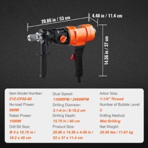 diamond core drilling machine, 4in handheld wet concrete core drill rig, 1100 2400rpm two speed & 1 1/4" thread & 2 bubble levels, 3 4in drilling diameter for concrete brick block stone, 1500w