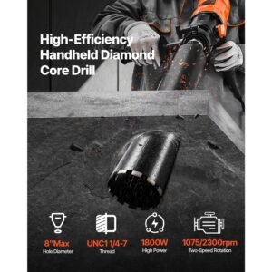 diamond core drilling machine, 8 in drilling diameter, handheld dry and wet concrete core drill rig with 4 drill bits, 1075/2300 rpm 2 speed, unc1 1/4 7 thread, for concrete brick stone, 1800w