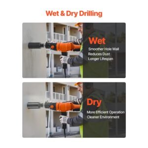 diamond core drilling machine, 8 in drilling diameter, handheld dry and wet concrete core drill rig with 4 drill bits, 1075/2300 rpm 2 speed, unc1 1/4 7 thread, for concrete brick stone, 1800w