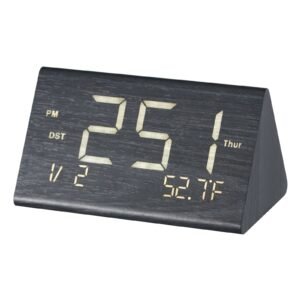 Digital Alarm Clock, Wooden Desk Clock with Dual Alarm, USB Port, Snooze, Night Light, Voice Control, Adjustable Volume, Bedside Desktop Clock with Charger for Bedroom, Kitchen, Office, Black