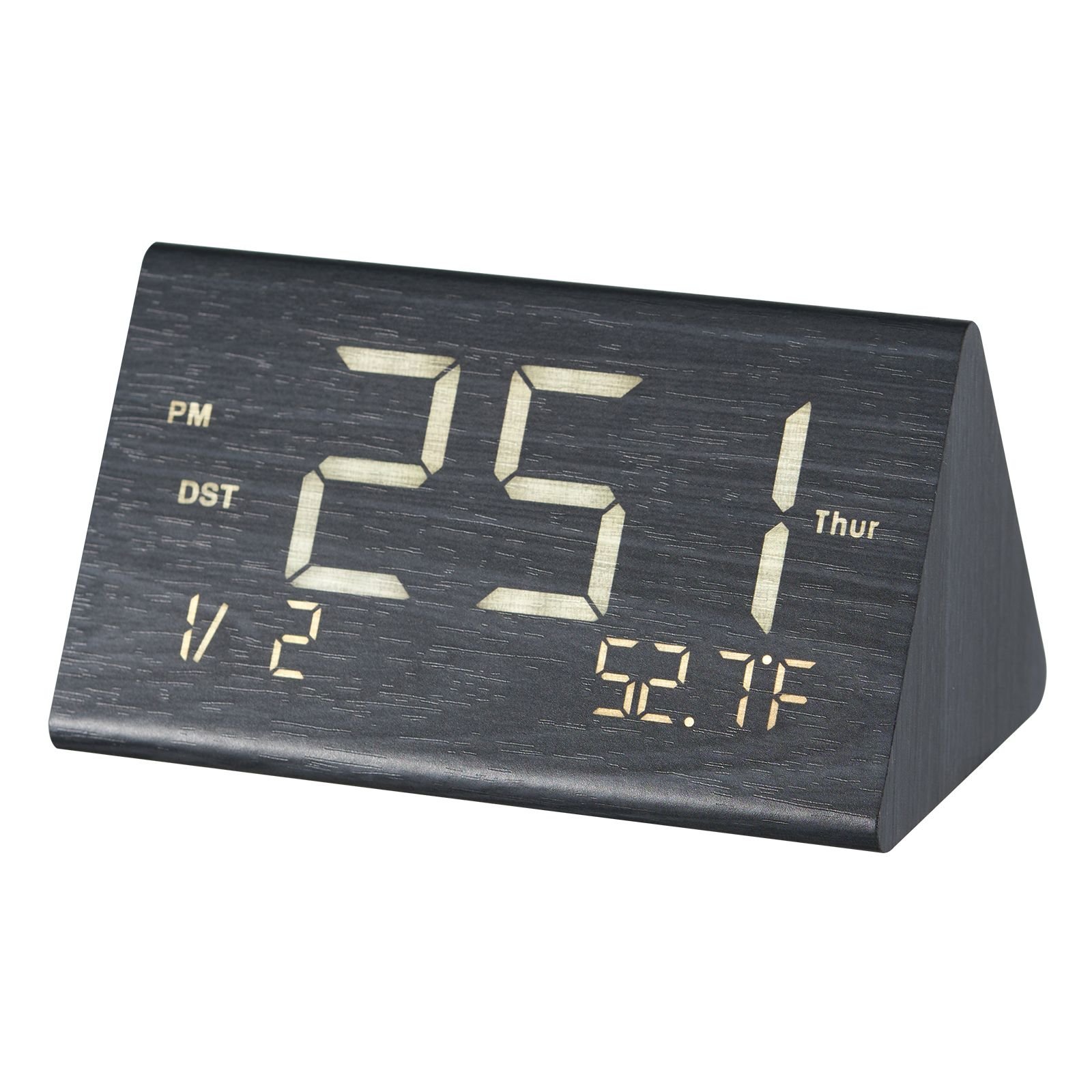 digital alarm clock, wooden desk clock with dual alarm, usb port, snooze, night light, voice control, adjustable volume, bedside desktop clock with charger for bedroom, kitchen, office, black