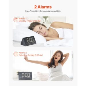 digital alarm clock, wooden desk clock with dual alarm, usb port, snooze, night light, voice control, adjustable volume, bedside desktop clock with charger for bedroom, kitchen, office, black