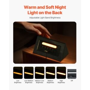 digital alarm clock, wooden desk clock with dual alarm, usb port, snooze, night light, voice control, adjustable volume, bedside desktop clock with charger for bedroom, kitchen, office, black