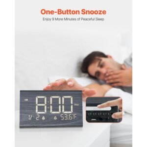 digital alarm clock, wooden desk clock with dual alarm, usb port, snooze, night light, voice control, adjustable volume, bedside desktop clock with charger for bedroom, kitchen, office, black