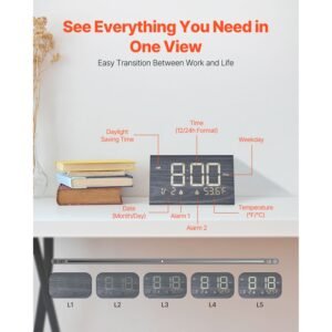digital alarm clock, wooden desk clock with dual alarm, usb port, snooze, night light, voice control, adjustable volume, bedside desktop clock with charger for bedroom, kitchen, office, black