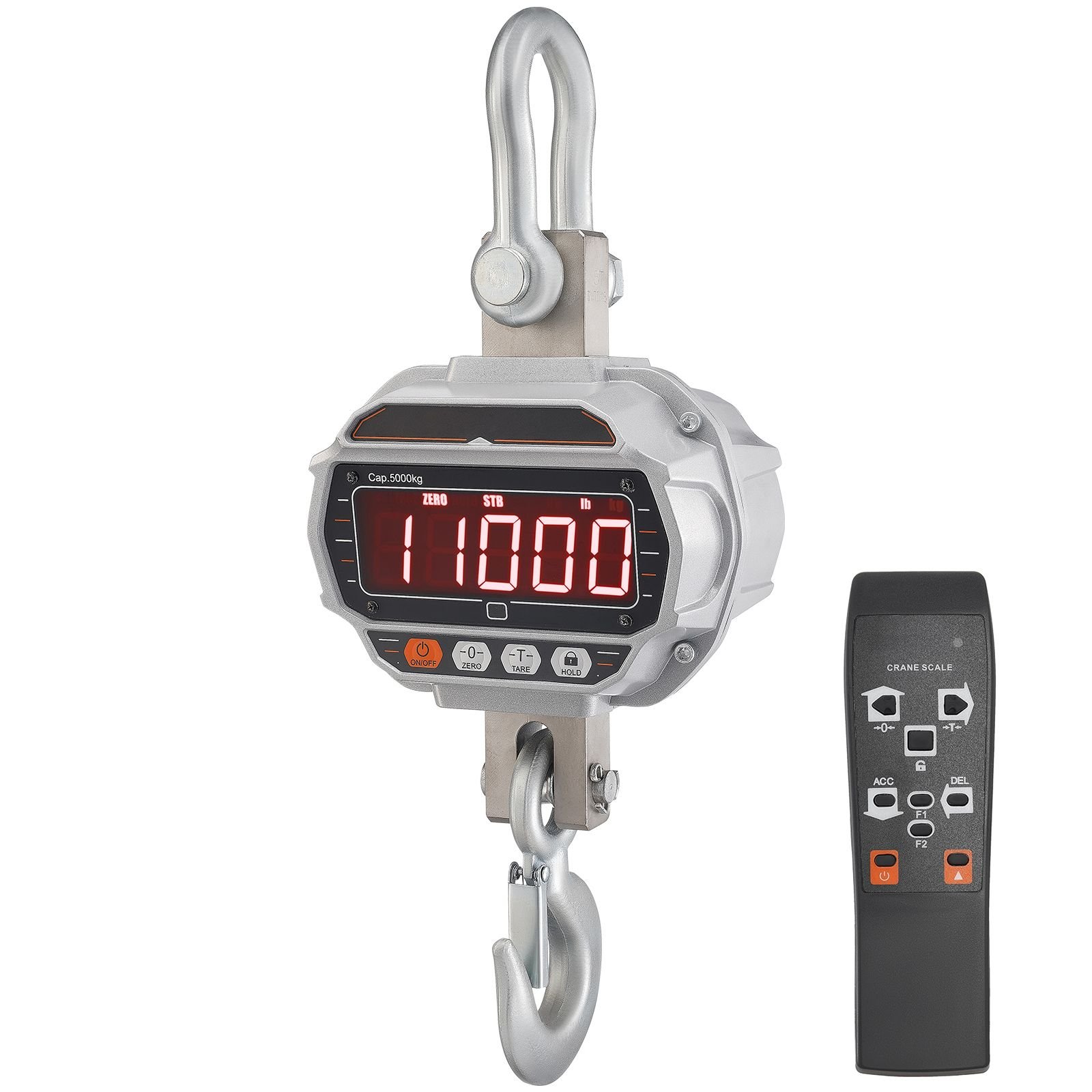 digital crane scale, 11000 lbs/5000 kg, industrial heavy duty hanging scale with remote control, cast aluminum case & led screen, high precision for construction, factory, farm, hunting (silver)