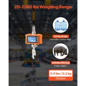 digital crane scale, 2200 lbs/1000 kg, industrial heavy duty hanging scale with remote control, cast aluminum case & lcd screen, high precision for construction, factory, farm, hunting (orange)