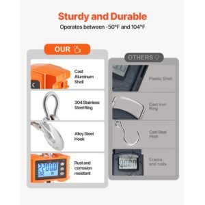 digital crane scale, 2200 lbs/1000 kg, industrial heavy duty hanging scale with remote control, cast aluminum case & lcd screen, high precision for construction, factory, farm, hunting (orange)
