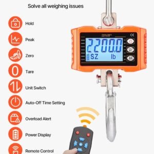digital crane scale, 2200 lbs/1000 kg, industrial heavy duty hanging scale with remote control, cast aluminum case & lcd screen, high precision for construction, factory, farm, hunting (orange)