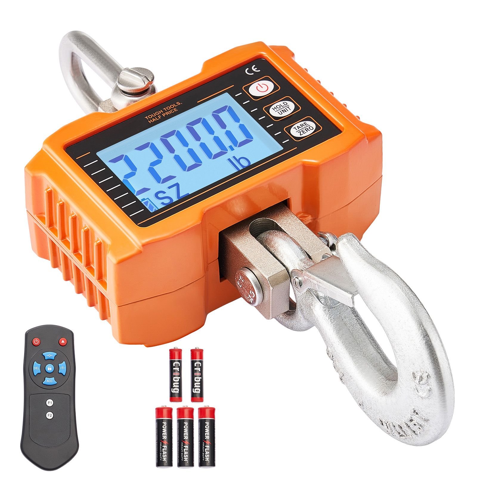 digital crane scale, 2200 lbs/1000 kg, industrial heavy duty hanging scale with remote control, cast aluminum case & lcd screen, high precision for construction, factory, farm, hunting (orange)