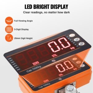 digital crane scale, 2200 lbs/1000 kg, industrial heavy duty hanging scale with remote control, cast aluminum case & led screen, high precision for construction, factory, farm, hunting (orange)
